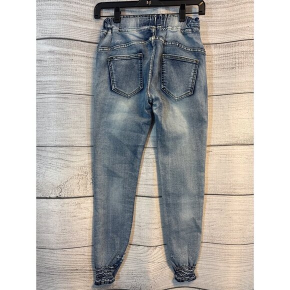 Blue Denim Jogger Pants With Elastic Waist & Cuffed Ankles Size M - Picture 2 of 3